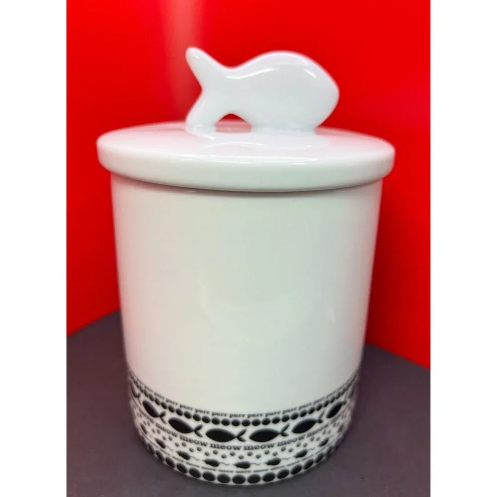 Cracker Barrel Ceramic Cat Kitty Treat Canister Gold Fish Crackers with Lid Gift